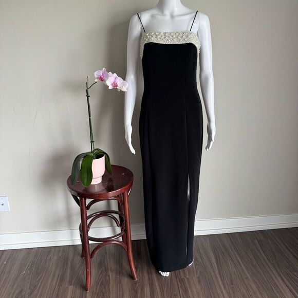 ALEX VTG 90’s Embellished Pearl Black Evening Dress With High Leg Slit - Picture 2 of 9